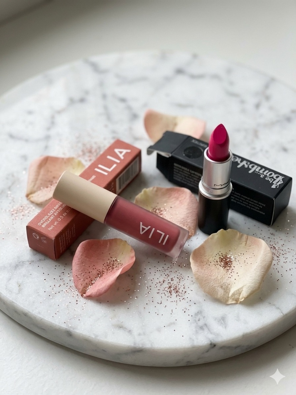 ILIA Duo: Muted Rose Velvet Liquid & Bright Fuchsia Bullet Lipstick